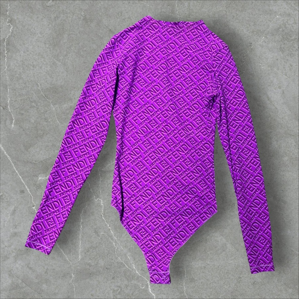 Fendi x SKIMS Bodysuit Womens Small Purple Monogram Logo Long Sleeve Mock Neck